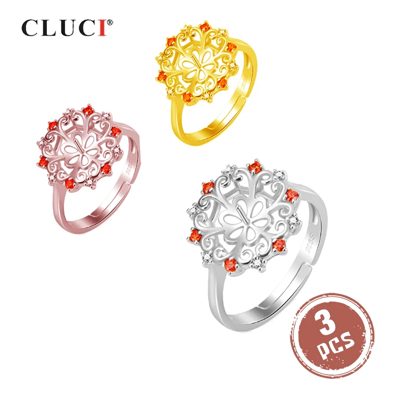 

CLUCI 3pcs 925 Sterling Silver Zircon Ring for Women Wedding Silver 925 Pearl Ring Mounting Adjustable Flower Ring Gift SR2151SB