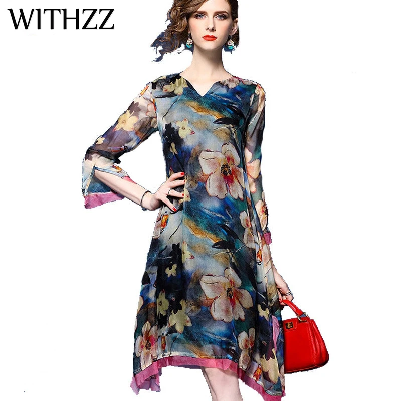 WITHZZ, платье из натурального шелка, женское, новинка, осень, лето, модное, Пляжное платье, тонкое, Ретро стиль, принт, ледяной шелк, высокое качество, элегантные платья