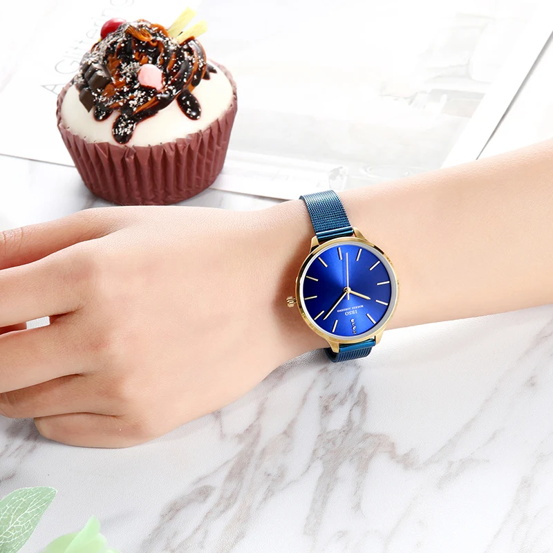 Роскошные Кварцевые часы IBSO из нержавеющей стали женские синие наручные 2019 с