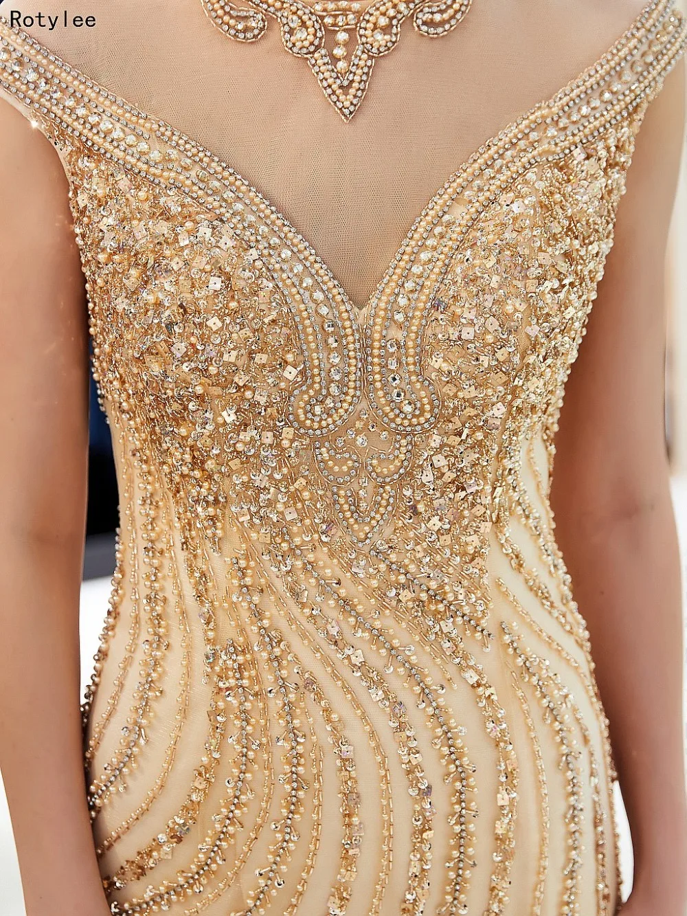 Золотое Платье Русалка выпускного вечера с тяжелые Бусины Длинное Элегантное