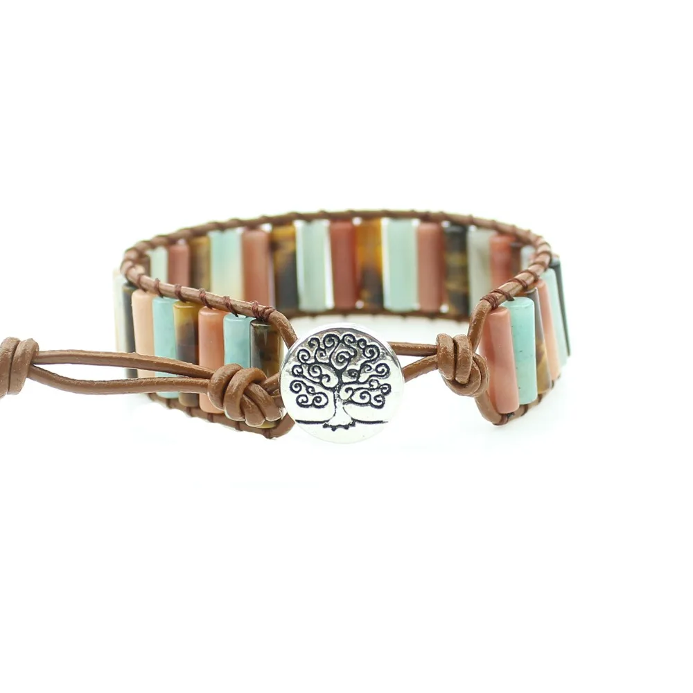 

Leather Wrap Bracelet Handmade Natural Stone Tube Beads Vintage Cuff Bracelet New Fashion Bracelets Creative Gifts