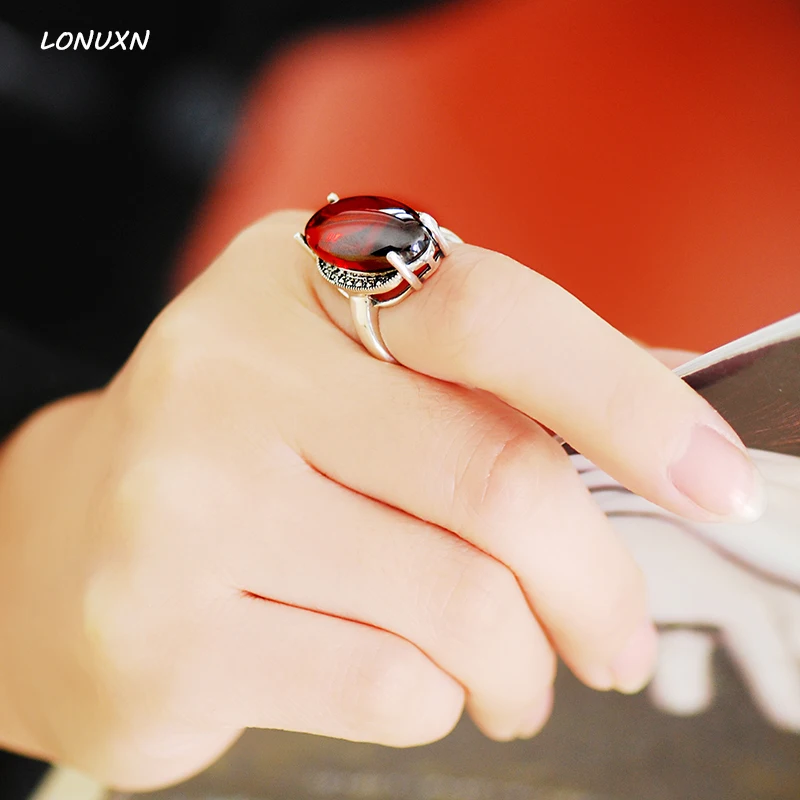 

2018 high quality 925 pure Sterling silver Natural semi-precious stones garnet red big rings female retro fashion Bohemia ring