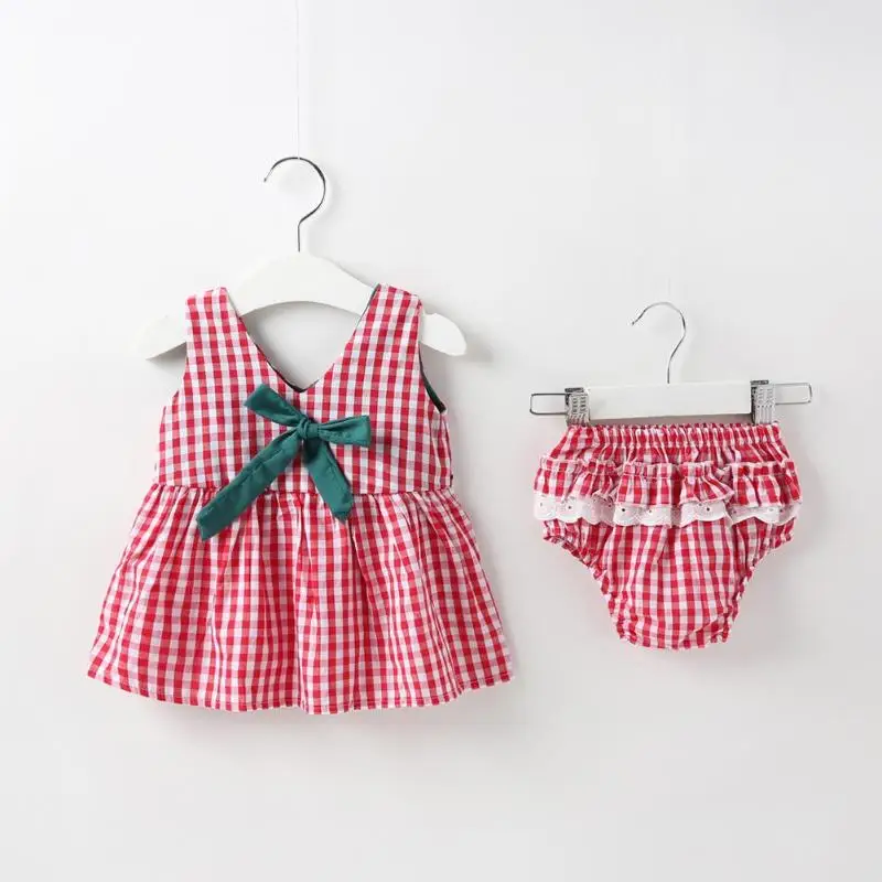 2 шт./компл. летний сарафан в клетку с бантом и кружевом для девочек +