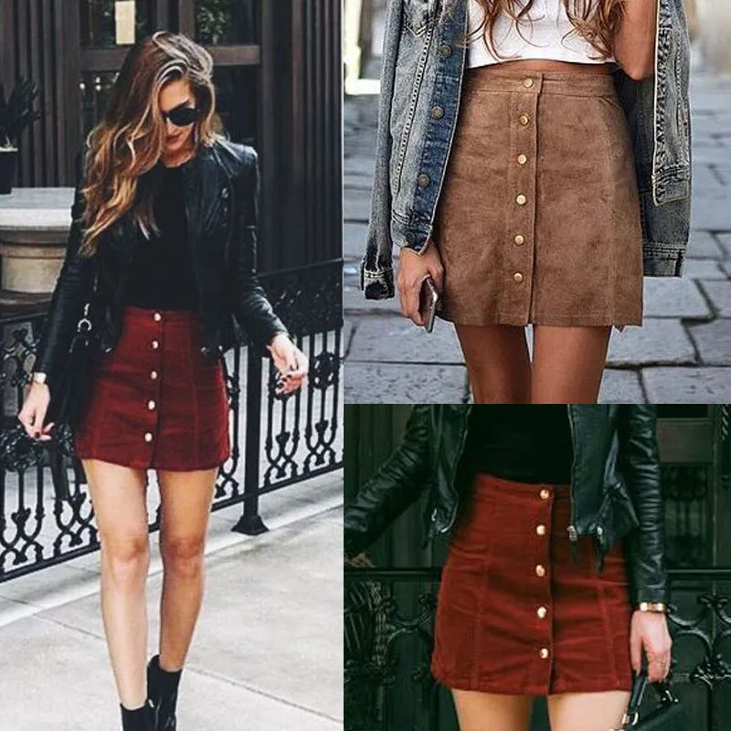 

Apparel suede leather women skirt 90's Vintage short skirt Winter high waist casual skirts with button