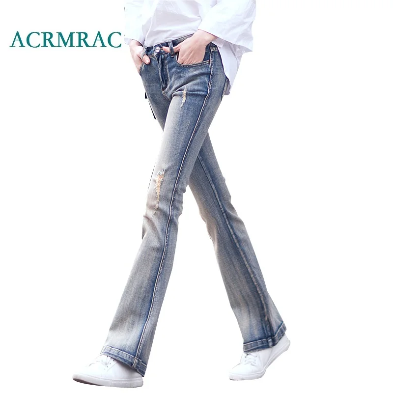 

ACRMRAC Women's jeans New 2018 Spring and autumn Slim Solid color Holes Retro color Middle waist Skinny Flare Pants Full Length