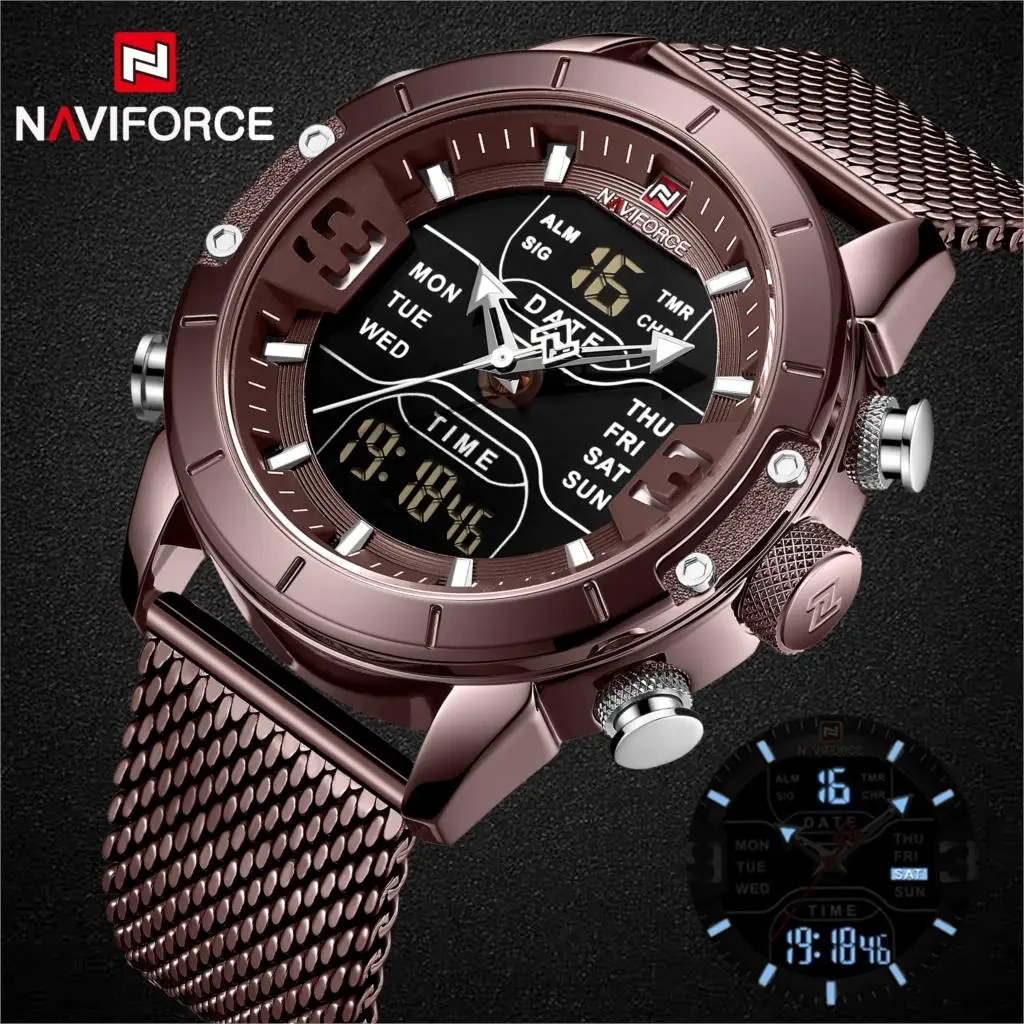NAVIFORCE Новые Топ люксовый бренд нержавеющая сталь спортивные мужские часы армейские военные двойной дисплей водонепроницаемые часы relogio masculino