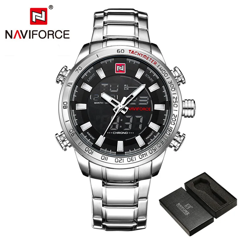 NA909305 with box NAVIFORCE мужские часы цифровые аналоговые спортивные мужские s наручные часы лучший бренд класса люкс Военная Нержавеющая сталь светодиодный кварцевые мужские часы 9093 - Цвет: NA909305 with box