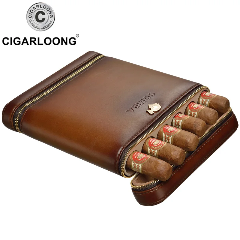 COHIBA дорожный Чехол для сигары мини-хьюмидор Вмещает 6 сигар изготовлен из искусственной кожи и кедрового дерева CP-1020 - Цвет: Khaki