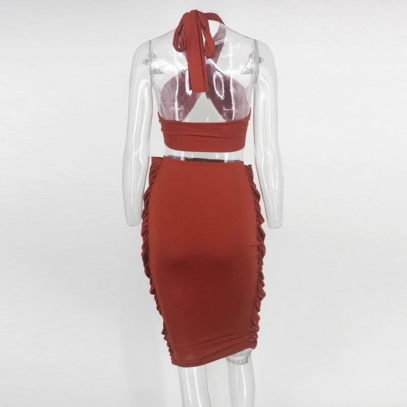 Pofash 2018 Spring Summer Women Dress Cropped Sexy Crop Top Knee Length Bandage High Waist Ruffles Side Bodycon Dresses | Женская одежда
