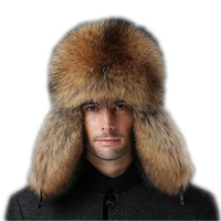 men really sheepskin real fox fur bomber hats natural raccoon fur russian hat winter outdoor warm flying cap