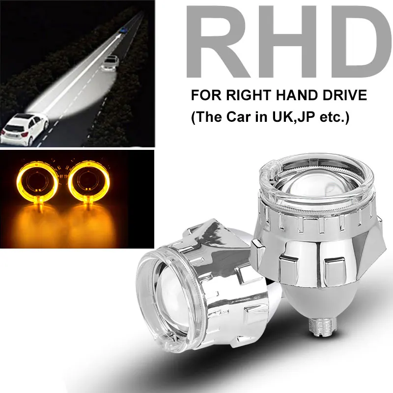 Silver Yellow RHD 2,5 дюймовые линзы проектора bi xenon с серебристой черной маской, светодиодные ангельские глазки для H7 H4, фары с разъемом H1 HID лампы LHD/RHD - Цвет: Silver Yellow RHD