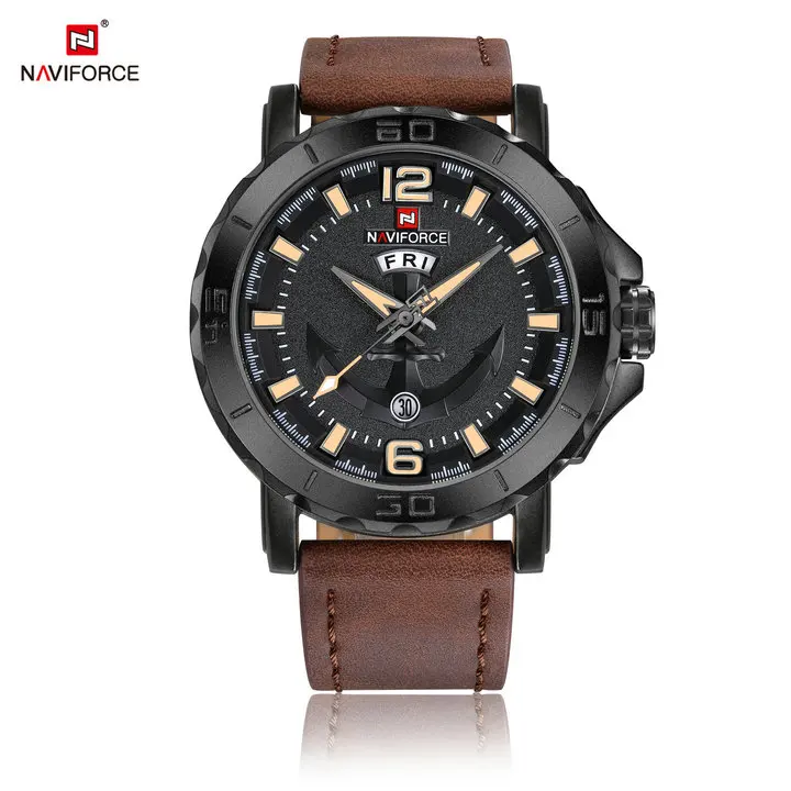 DARK BROWN YELLOW NAVIFORCE спортивные водонепроницаемые креативные часы люксовый бренд кварцевые часы кожаный ремешок Календарь модные часы для мужчин Relogio Masculino - Цвет: DARK BROWN YELLOW
