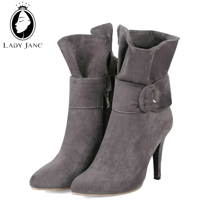 Женские стильные ботинки до середины икры с пряжкой на ремешке зимние острым