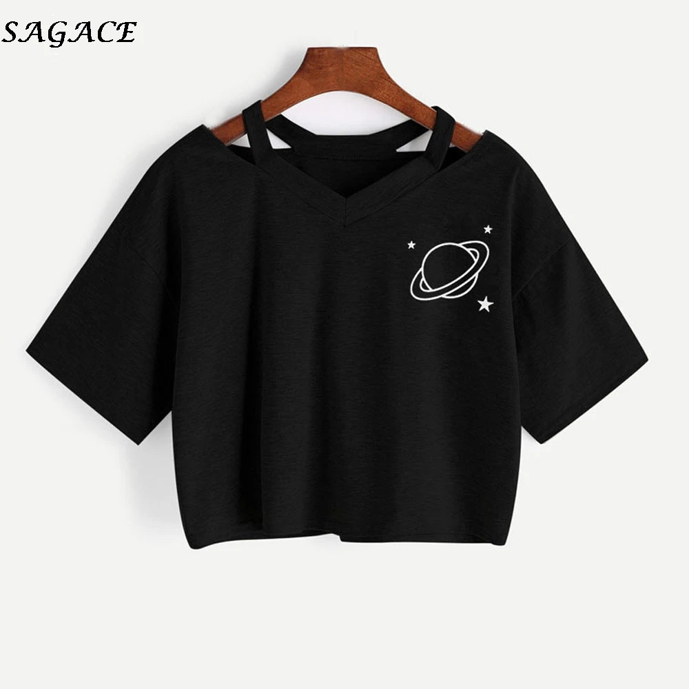 Женская футболка SAGACEFashion, летняя футболка с принтом «Планета», футболка с коротким рукавом для женщин и подростков, топы с v-образным вырезом, футболки для девочек