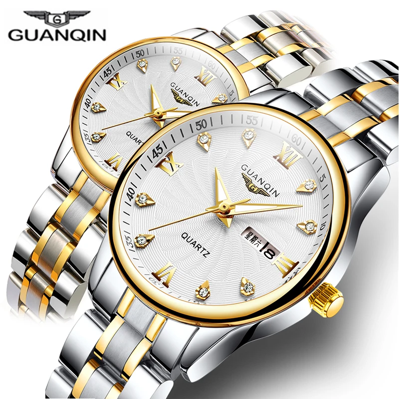 GUANQIN New Couple Watch Set Men Women lovers Watch Stainless Steel Date Luxury Gold Quartz Watch Women Clock Ladies Watch