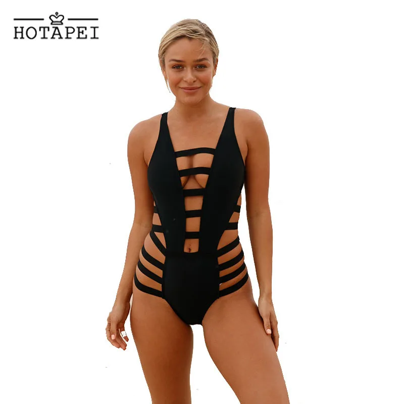 Hotapei Новый выдалбливают one piece Купальники Черный Strappy Вырез Монокини LC410249 Sexy