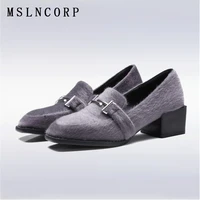 plus size 34 43 new women square heel casual shoes fashion flock square toe lady loafers high heels party office pumps footwear