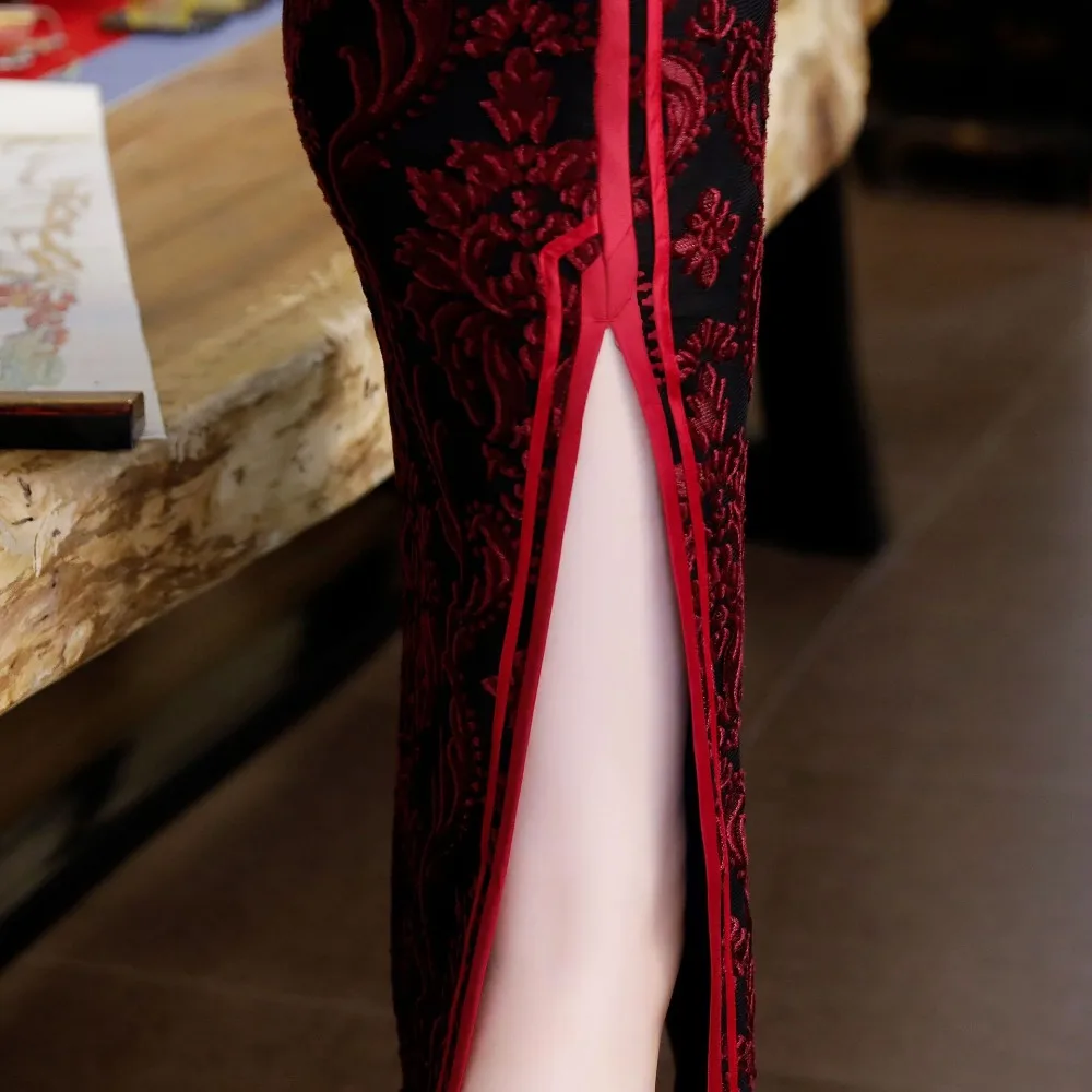 Черное кружевное китайское свадебное платье для женщин Cheongsam тонкое китайское традиционное платье женское длинное платье Ципао для свадебной вечеринки