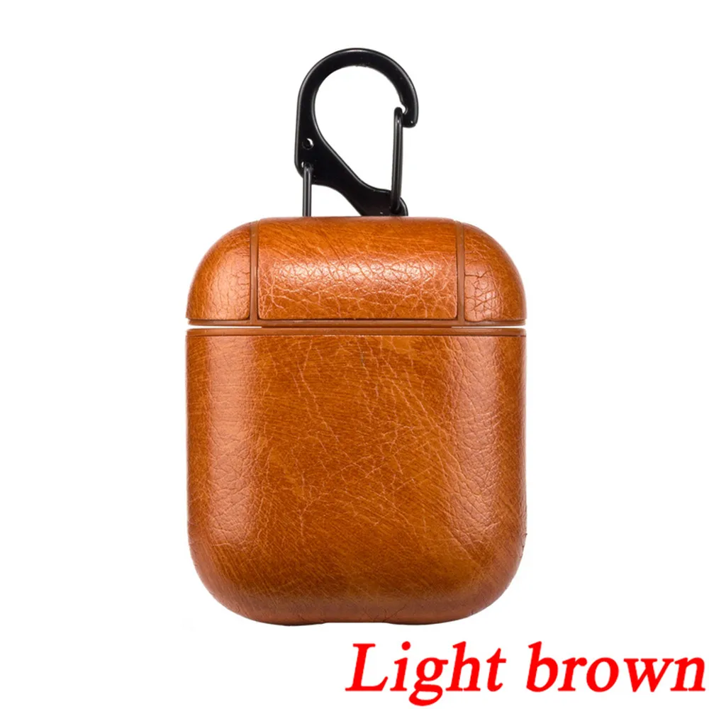 light brown Винтажный чехол-крючок из натуральной кожи для AirPods, матовый чехол для Airpods 1 2, роскошная Защитная сумка для хранения, черный и коричневый цвета, Прямая поставка - Цвет: light brown