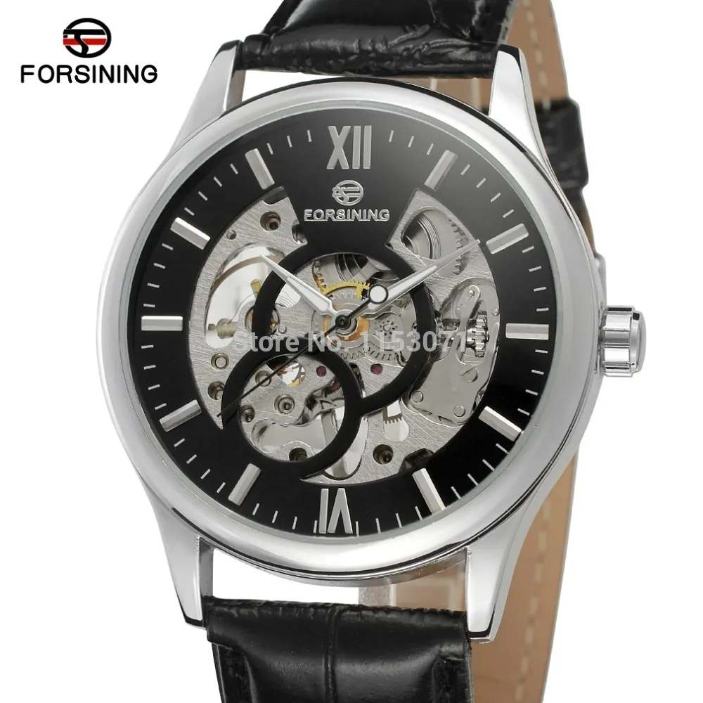 

2016 NEW FORSINING FSG8094M3S3 silver color case black dial with silver color bars index skeleton black leather strap gift box