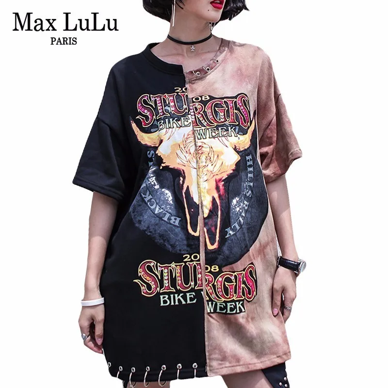 black patchwork Max LuLu Лето Роскошные корейские девушки панк уличная Женская Лоскутная длинная футболка Забавные топы Футболка женская кавайная Футболка Camisa - Цвет: black patchwork