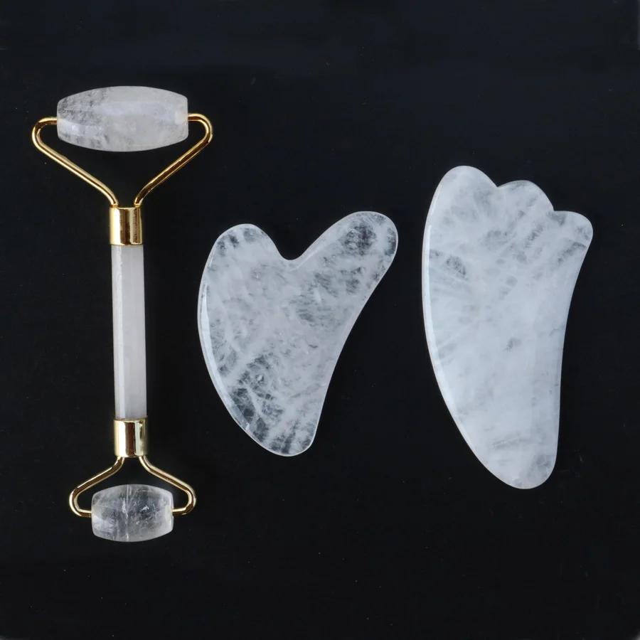 Face Massager Set Натуральный прозрачный кристалл ролик для лица набор массажеров Guasha лифтинг палочки для женщин красота уход за кожей шеи назад каменный массажер инструмент - Цвет: Face Massager Set