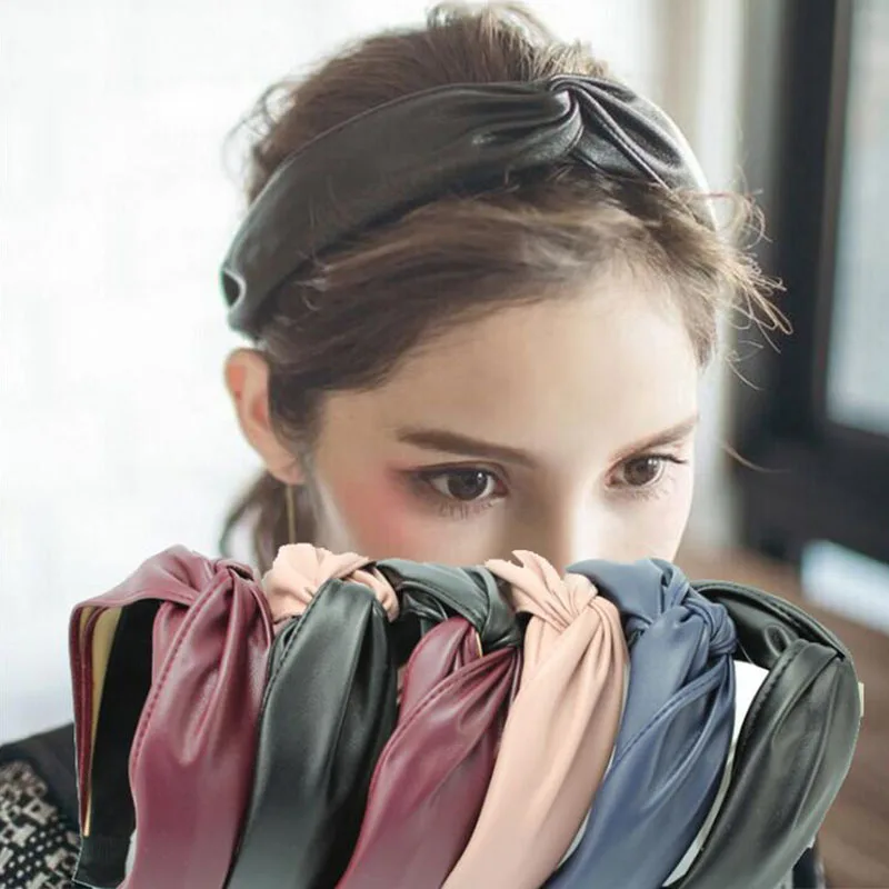 

Korean 6 Colors PU Leather Hairband Knot Cross Bow Headband Lady Girls Hair Hoop Bands Accessories Women Scrunchy Hair Headdress