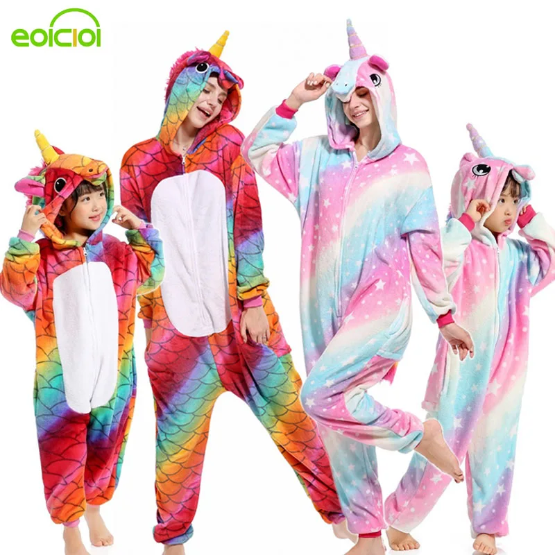 16 Style Flannel Animal Family Matching Pajamas Outfits Winter Hooded Pegasus Unicorn Panda Pyjamas Onesie Mother Kids Sleepwear