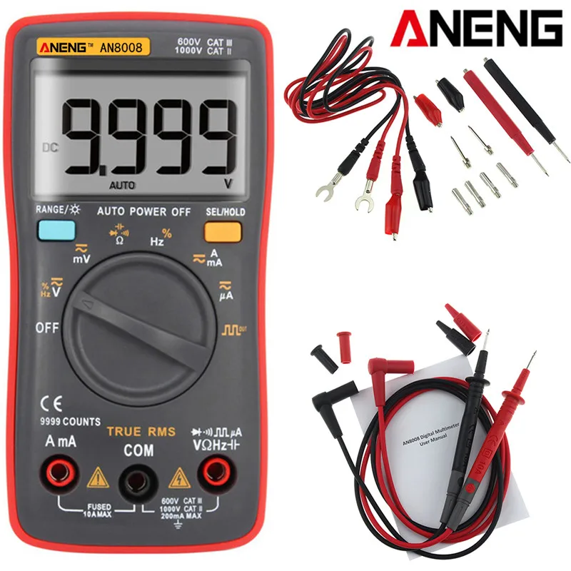 

ANENG AN8008 Auto Range Digital Multimeter 9999 Counts Backlight AC/DC Ammeter Voltmeter Ohm Transistor Tester Multi Meter Red