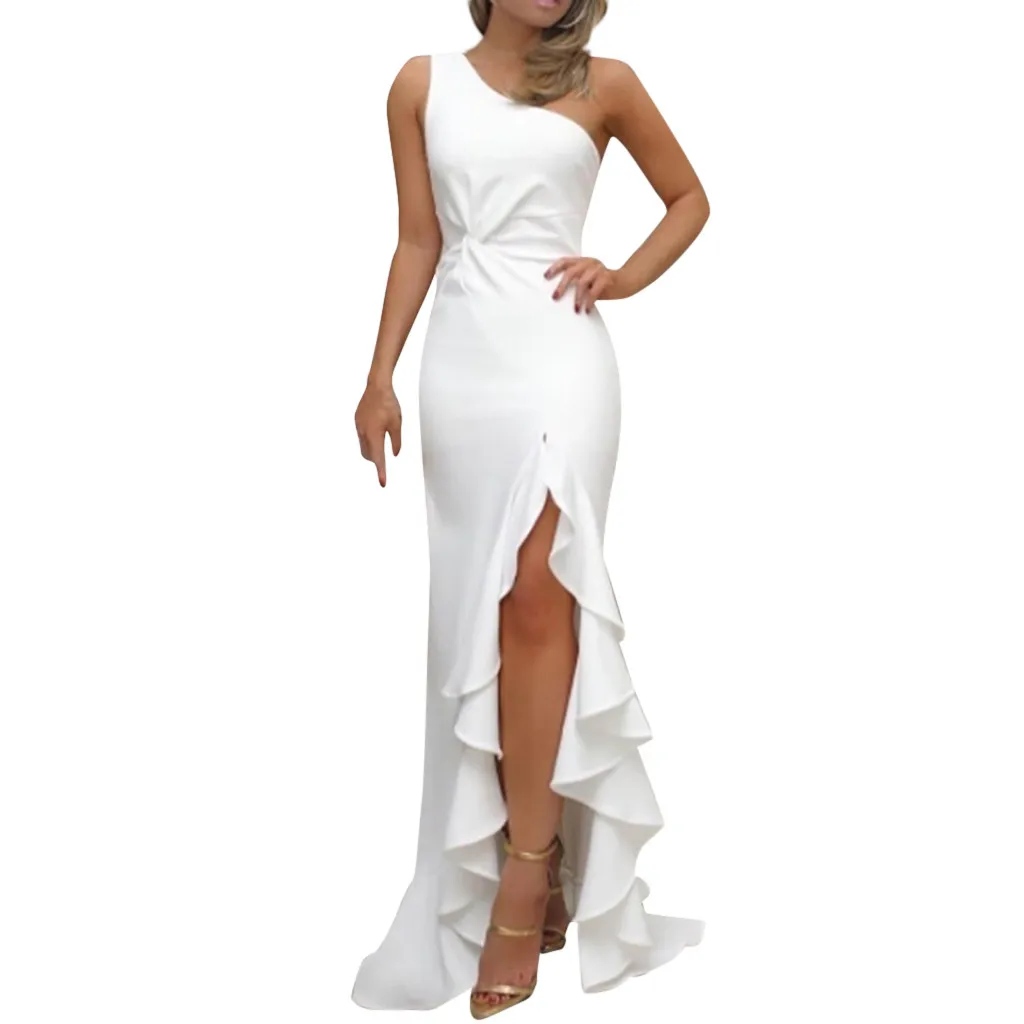 

2021 Ruched Ruffles Dress Women Summer Maxi Long Formal Dresses White Ladies Elegant Sexy One Shoulder Evening Party Dress #294
