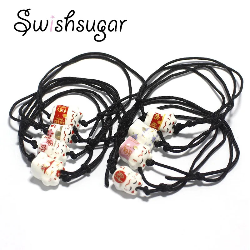 Браслет керамический с большими бусинами и кошкой удачей|Браслеты| |