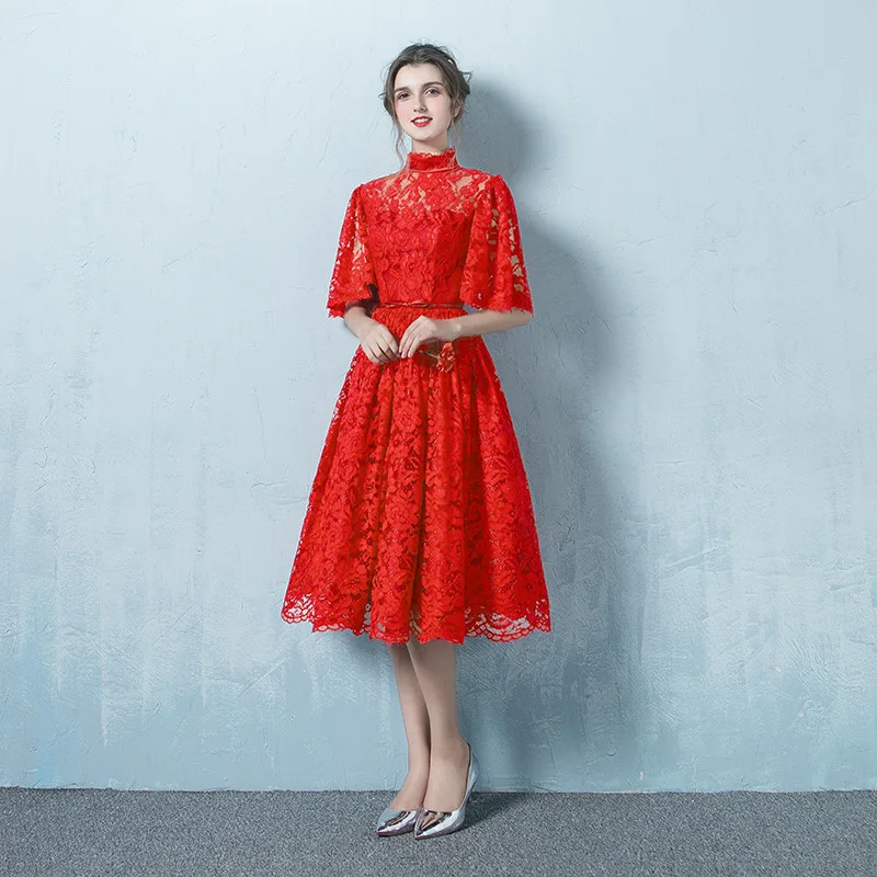 Платье для выпускного вечера с высоким вырезом, кружевное, чайное, Vestido De Noiva, Женская специальная одежда в стиле кэжуал ZHM043