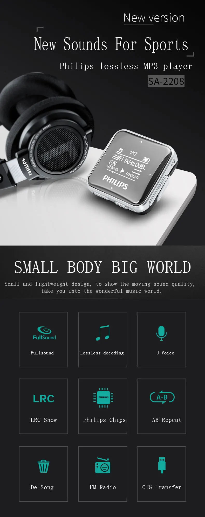 Новейший MP3-плеер PHILIPS SA2208, спортивный мини-плеер для студентов, запись FM, walkman SA2208