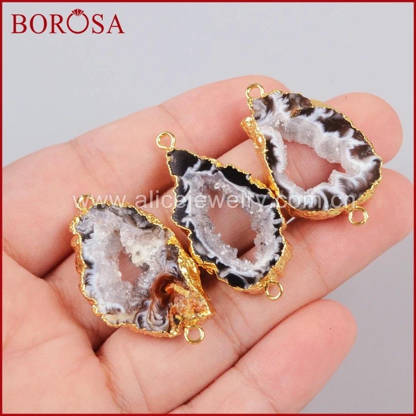 

BOROSA Wholesale Fashio Gold Color Freeform Natural Onyx Agates Crystal Slice Connector Double Bails for Jewelry Making G0952
