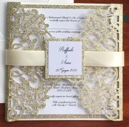 Gold custom print Лазерная резка под заказ блестящие приглашения на свадьбу с биркой, роскошные свадебные пригласительные открытки, 100 шт, экспресс - Цвет: Gold custom print