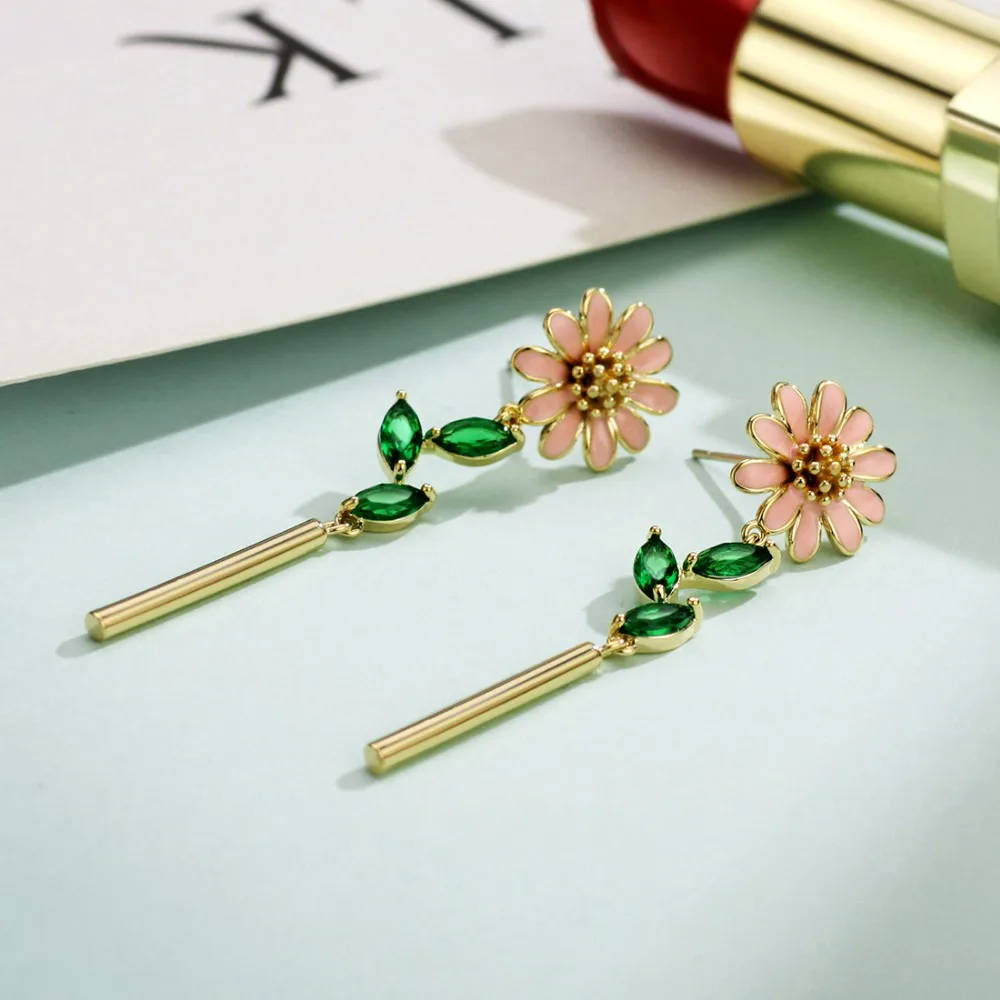 Neoglory Zircon &amp Enamel Long Dangle Earrings Colorful Flower Design Cute Girl Fashion Party Classic Gift Youth Sale | Украшения и