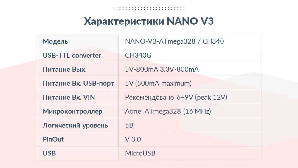 NANO V3 ATmega328(16MHz) / CH340G, MicroUSB-порт