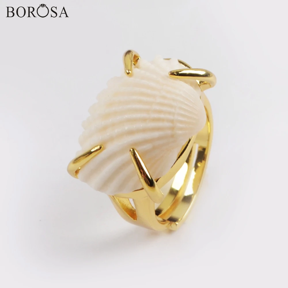 

BOROSA 10Pcs New Design Gold Bezel Natural Pearl Scallops Shell Ring Jewelry Gold Claw Natural Fan Shell Rings for Women ZG0426