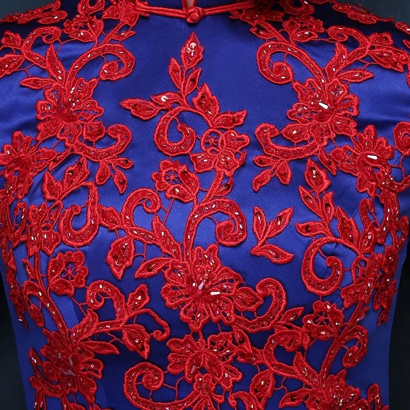 Королевский Синий Атлас со шлейфом долго Cheongsam платья Стенд воротник вышивка Qipao
