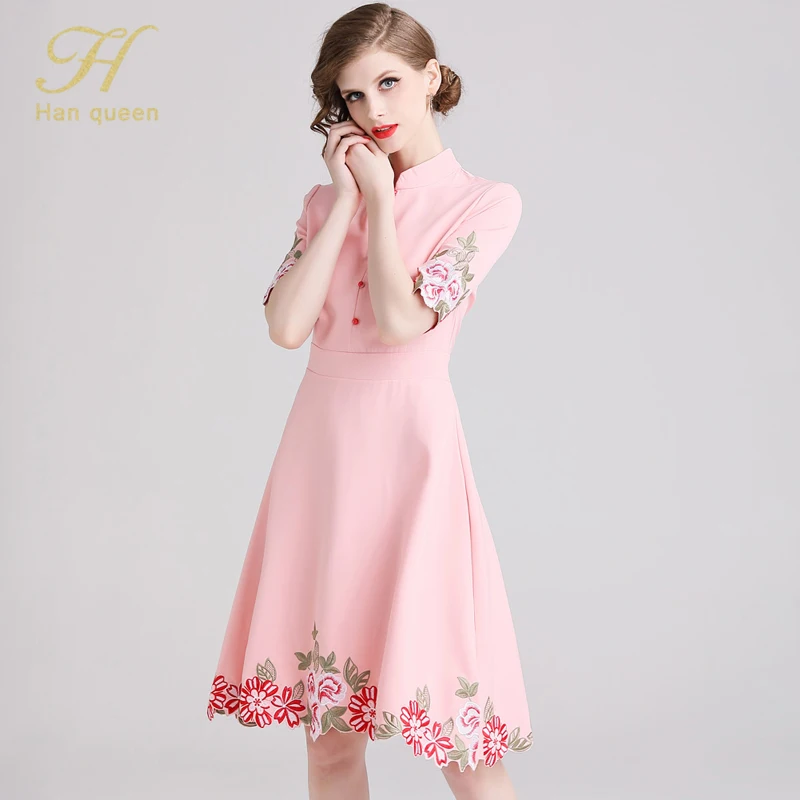 Pink H han queen/Новое поступление, женские платья с цветочной вышивкой, элегантное ТРАПЕЦИЕВИДНОЕ Повседневное платье, Дамское тонкое винтажное летнее офисное платье - Цвет: Pink