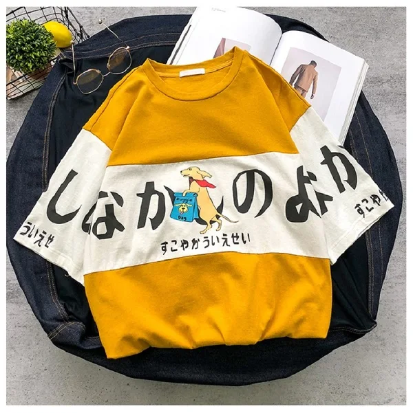 Ulzzang, летние милые японские топы с рисунками из мультфильмов, новинка, Harajuku, женская, три четверти, Корея, большой размер, свободная, повседневная, забавная, хлопковая футболка - Цвет: 1