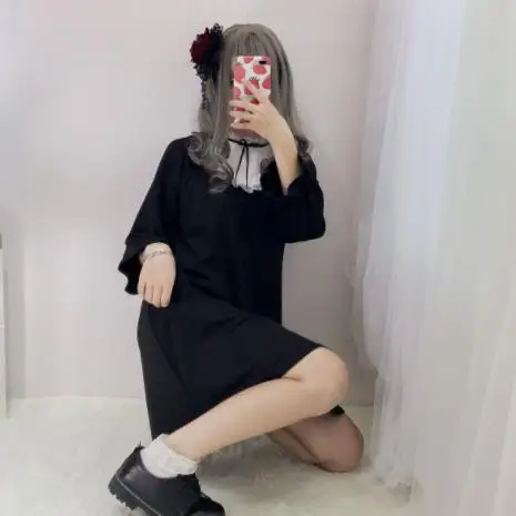 Черные женские платья в японском стиле кавайное кружевное готическое свободное