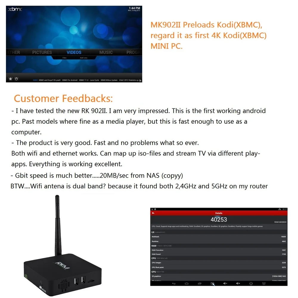 Smart Android 5,1 tv BOX RKM MK902II RK3288 четырехъядерный A17 2G ram, 8G rom, 2,4G/5G wifi, Gigabit LAN, 4 K, H.265, [MK902II/8G]