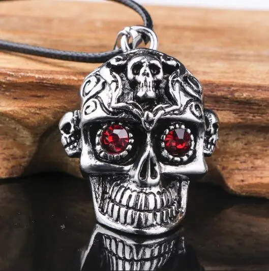 Skull Necklace Панк сделанный под старину Серебряный Череп Кулон ожерелье Черная кожа красные глаза персонализированные мужские ожерелье s для мужчин Байкер ювелирные изделия Homme - Окраска металла: Skull Necklace