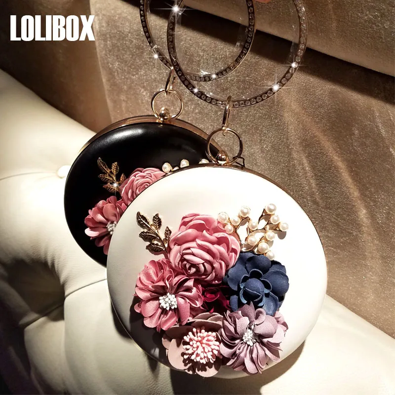 LOLIBOX женская летняя круглая Сумка клатч с цветами и жемчугом Алмазная вечерняя
