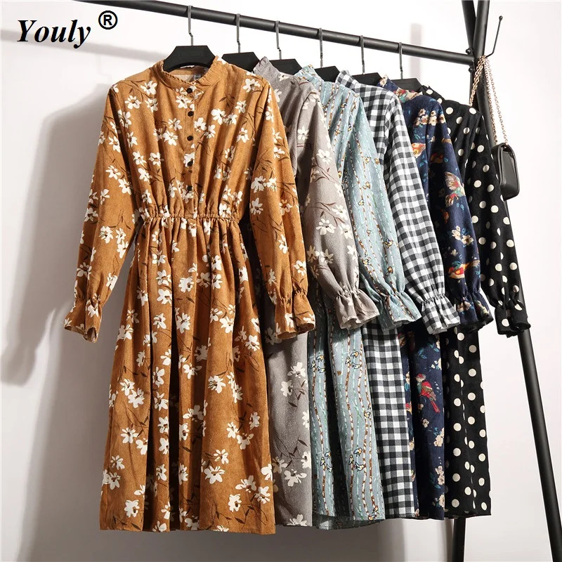 

Casual Floral Print Style Slim Cute Stand Collar Single Breasted Pleated Dress Women Vintage Autumn Winter corduroy party Dress