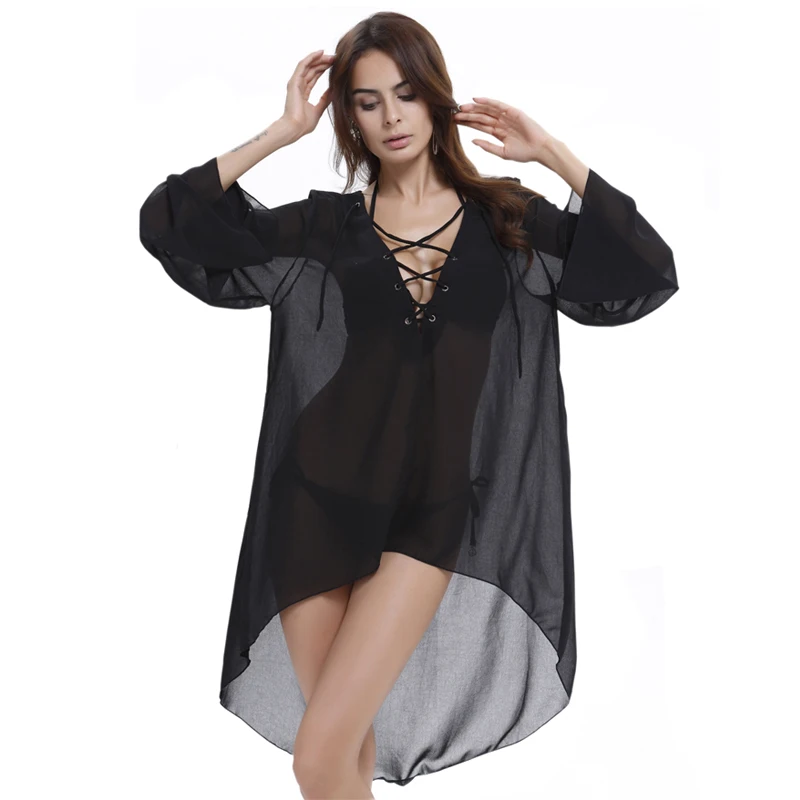 Лето Женщины Пляж Dress Длинным Рукавом Крест Галстук Прозрачные Ladies Sexy See Through