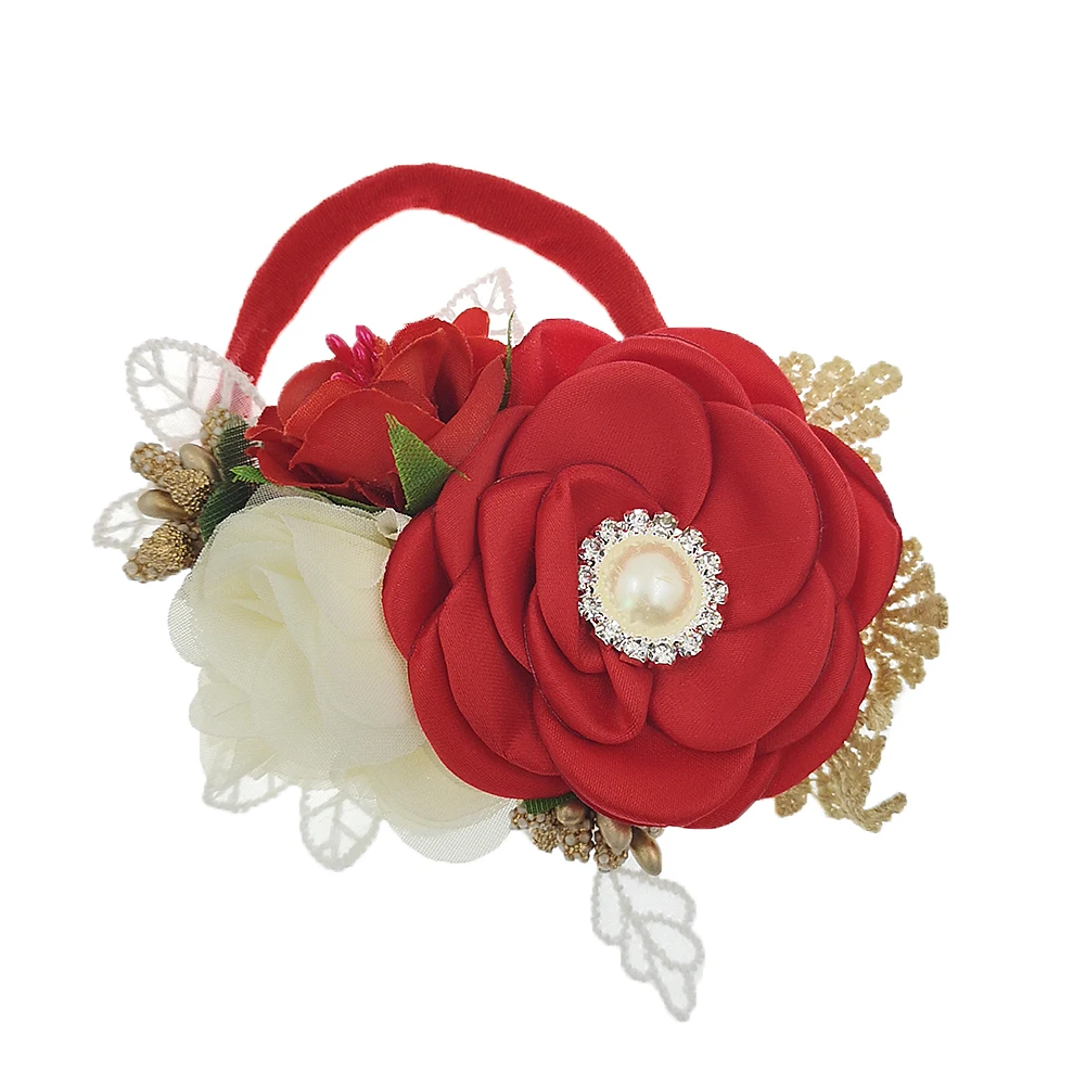 

10 Pcs/lot Flower Headband Girls Rhinestone Hair Accessories Vintage Stain Floral Headwear Baby Nylon Pearl Headband Hair Ties