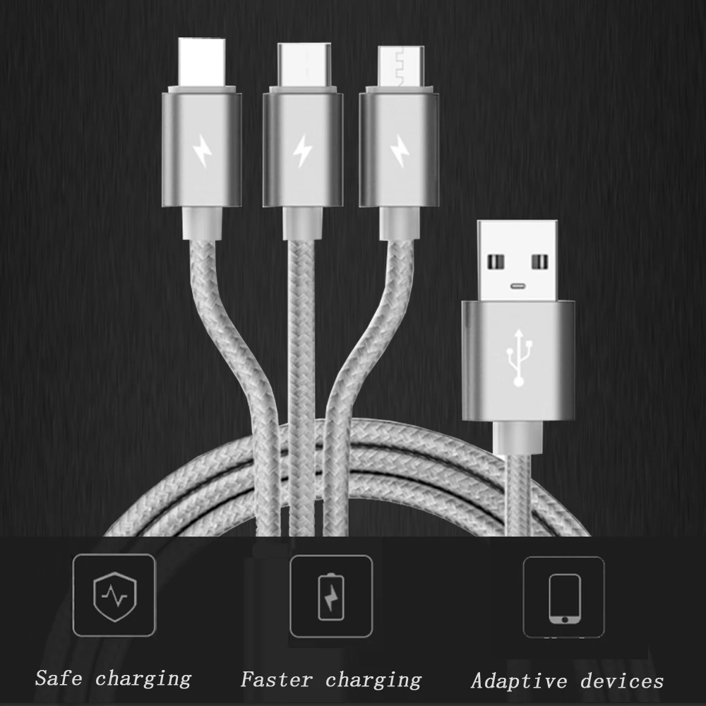 3 в 1 нейлоновый Плетеный зарядный кабель Micro USB для Тип C зарядное устройство iPh