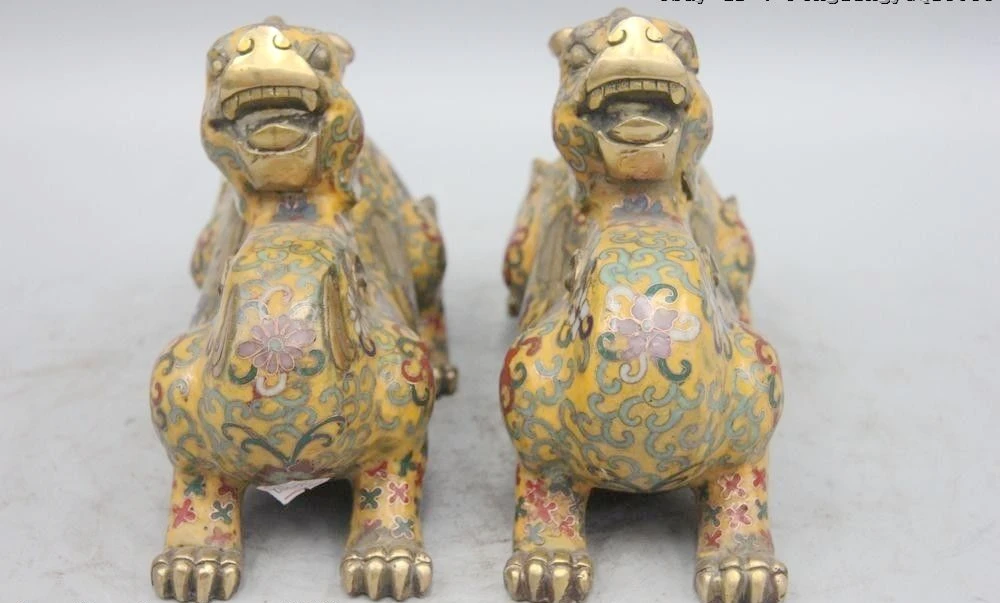Китайская королевская Бронза Медь cloisonne эмаль Foo собака статуэтка единорога